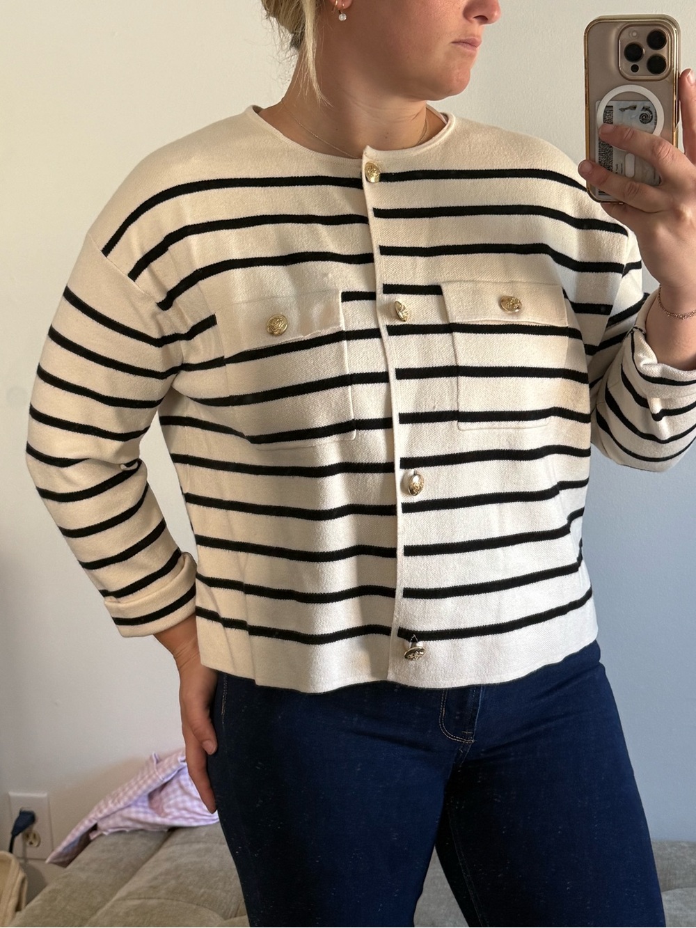 Cream and Black Striped Button Cardigan